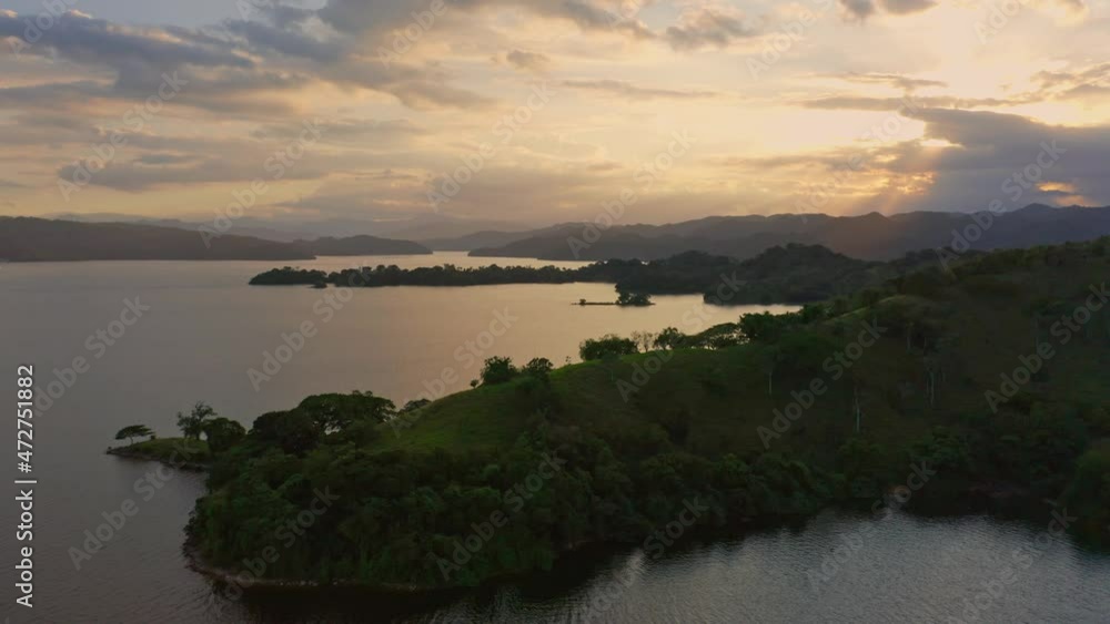 Scenic Sunset At Hatillo Dam (Presa de Hatillo) In Dominican Republic - aerial drone shot Scenic Sunset At Hatillo Dam (Presa de Hatillo) In Dominican Republic - aerial drone shot