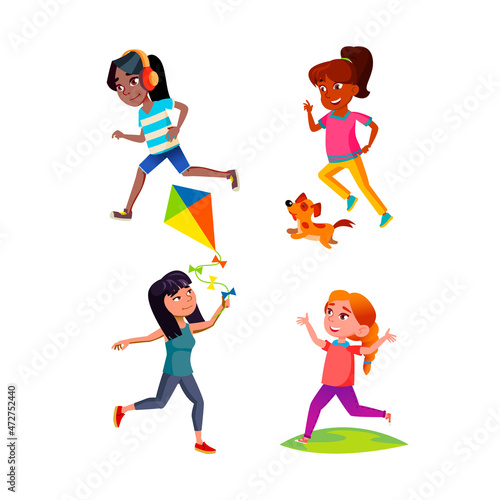 School Girls Teenagers Running Outdoor Set Vector. Schoolgirls Running In Park And Happy Training, Run With Dog Pet And Air Kite Toy. Characters Sport Activity Outside Flat Cartoon Illustrations