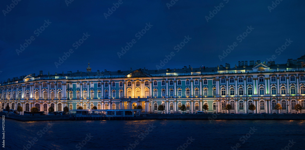 Russia, St. Petersburg. Panoramic of The Winter Palace at night.