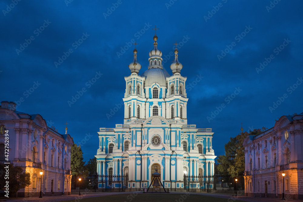 Russia, St. Petersburg. Smolny Cathedral lit at night.