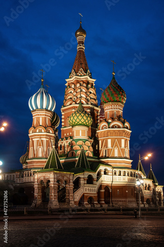 Russia, Moscow. St. Basil's Cathedral lit at night.