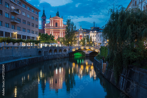 Europe, Slovenia, Ljubljana. City scenic at twilight.