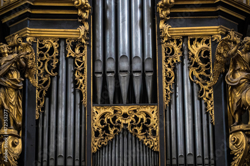 Europe, Slovenia, Ljubljana. Detail of pipe organ in Franciscan Church of the Annunciation.