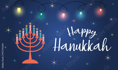 Happy Hanukkah greeting card with shining garland, stars and candles in candlestick.