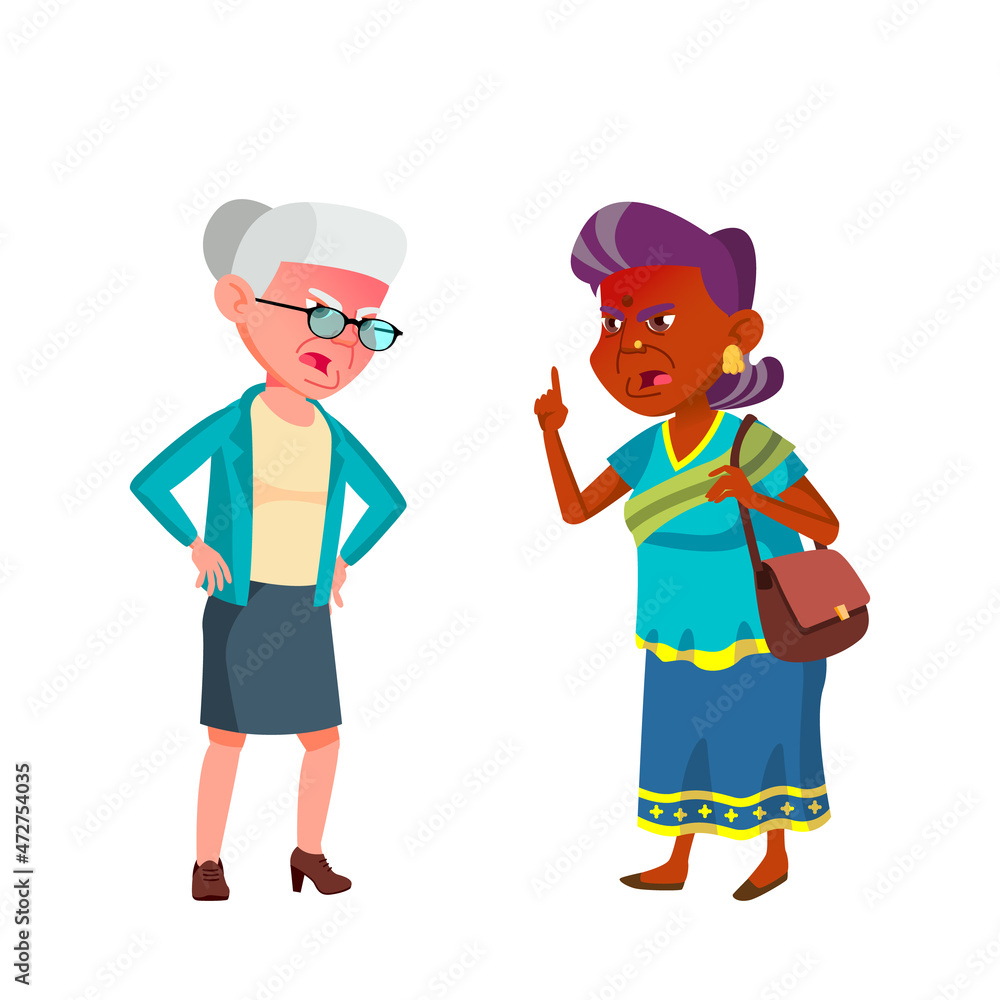 Senior Women Quarreling In Grocery Shop Vector. Aggressive Caucasian And Indian Elderly Ladies Quarreling In Store Or Market. Characters Screaming And Arguing Flat Cartoon Illustration Senior Women Quarreling In Grocery Shop Vector. Aggressive Caucasian And Indian Elderly Ladies Quarreling In Store Or Market. Characters Screaming And Arguing Flat Cartoon Illustration