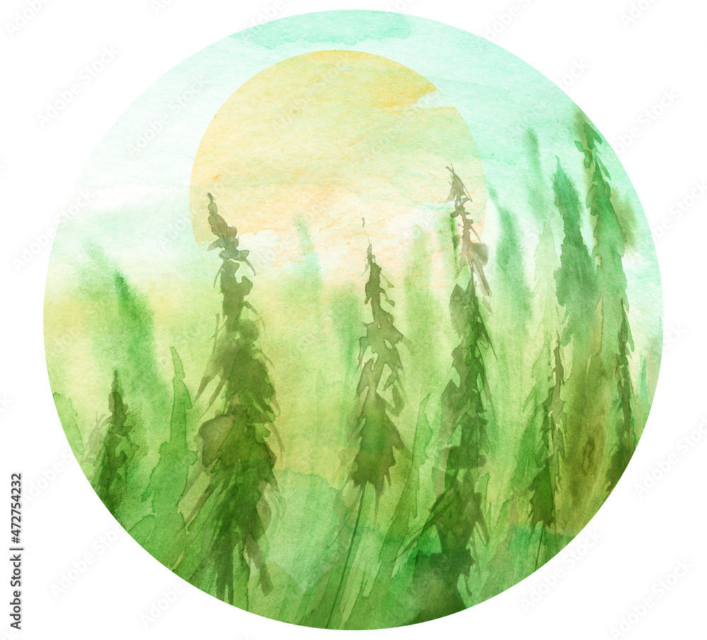 Watercolor painting, illustration, round logo. Forest, suburban landscape, silhouettes of fir trees, pines, trees and bushes, the night sky with stars.Full moon, eclipse.Moon, sun over the forest. 