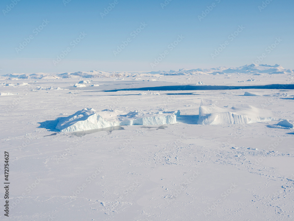 Sea ice with icebergs in the Baffin Bay, between Kullorsuaq and Upernavik in the far north of Greenland during winter.