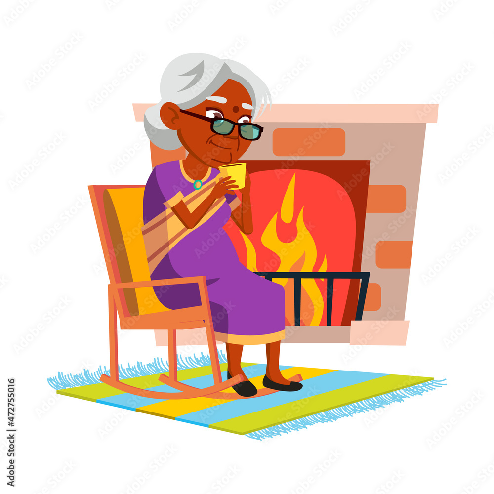 Elderly Woman Drinking Tea In Living Room Vector. Indian Old Lady Sitting In Chair Near Fireplace And Drink Hot Tea. Character Mature Person Enjoy Delicious Beverage At Home Flat Cartoon Illustration Stock Elderly Woman Drinking Tea In Living Room Vector. Indian Old Lady Sitting In Chair Near Fireplace And Drink Hot Tea. Character Mature Person Enjoy Delicious Beverage At Home Flat Cartoon Illustration Stock