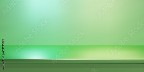 Green steel countertop, empty shelf. Vector realistic mockup of table top, kitchen counter on pastel background with spot light. Bar desk surface in foreground