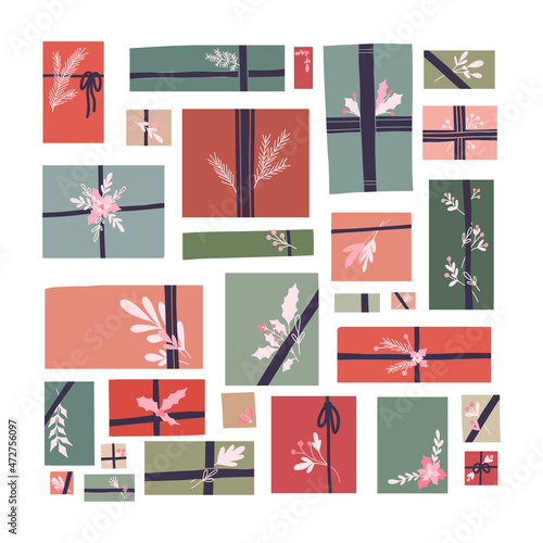 Vector holiday set of hygge gifts with ribbons and branches decorations. Collection composition of gift boxes in pastel colors and stems with foliage and berries.