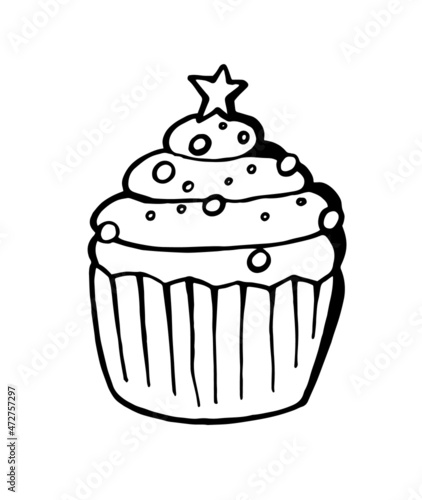 Christmas cupcake in the shape of a herringbone in doodle style isolated on white background. Clipart Icon