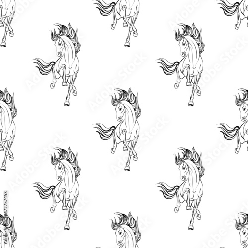 Horse pattern design. Line art style horse breed for children colored book creation.
