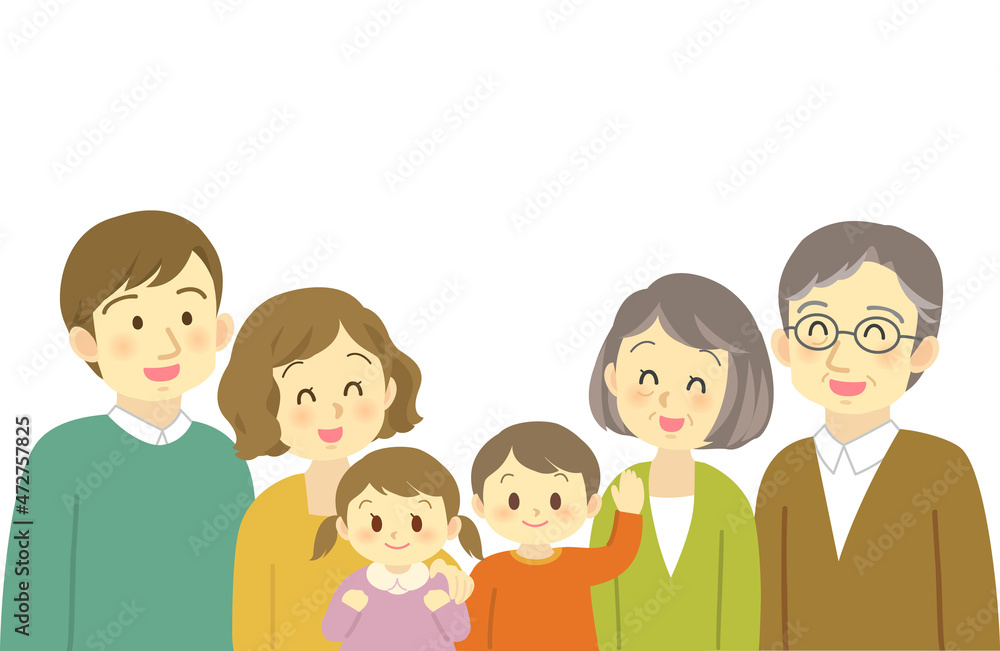 イラスト素材:男女の子供を育てる若い夫婦とシニア夫婦2 6人家族
イラスト素材:男女の子供を育てる若い夫婦とシニア夫婦2 6人家族