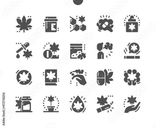 Cannabidiol. Marihuana. Smoking cannabis. Cannabis treatment. Health care, medical and medicine. Vector Solid Icons. Simple Pictogram