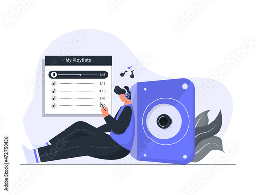 Listening to music on playlist concept in flat illustration