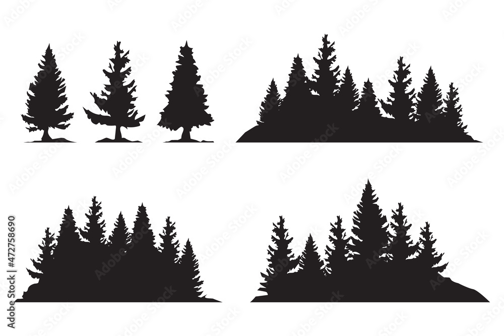 Obraz premium Set of vintage christmas tree and forest silhouette