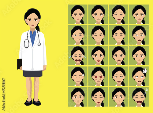 Manga Style Woman Doctor Costume Cartoon Character Emotions