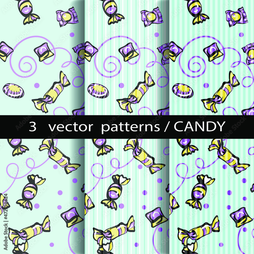 Fototapeta premium 3 Retro different vector seamless patterns (tiles). Infinite texture for wallpaper, packaging, fill drawings, web page backgrounds, surface textures. Postcard template. A set of purple, blue ornaments