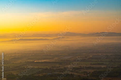 Mountains is overlap during dawn with the light fog coverage  View from  Khao Phraya Dern Thong  Viewpoint at Lopburi province unseen Thailand
