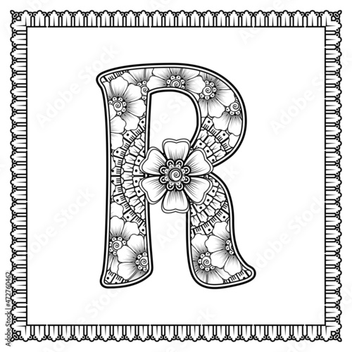 Letter R made of flowers in mehndi style. coloring book page. outline hand-draw vector illustration.