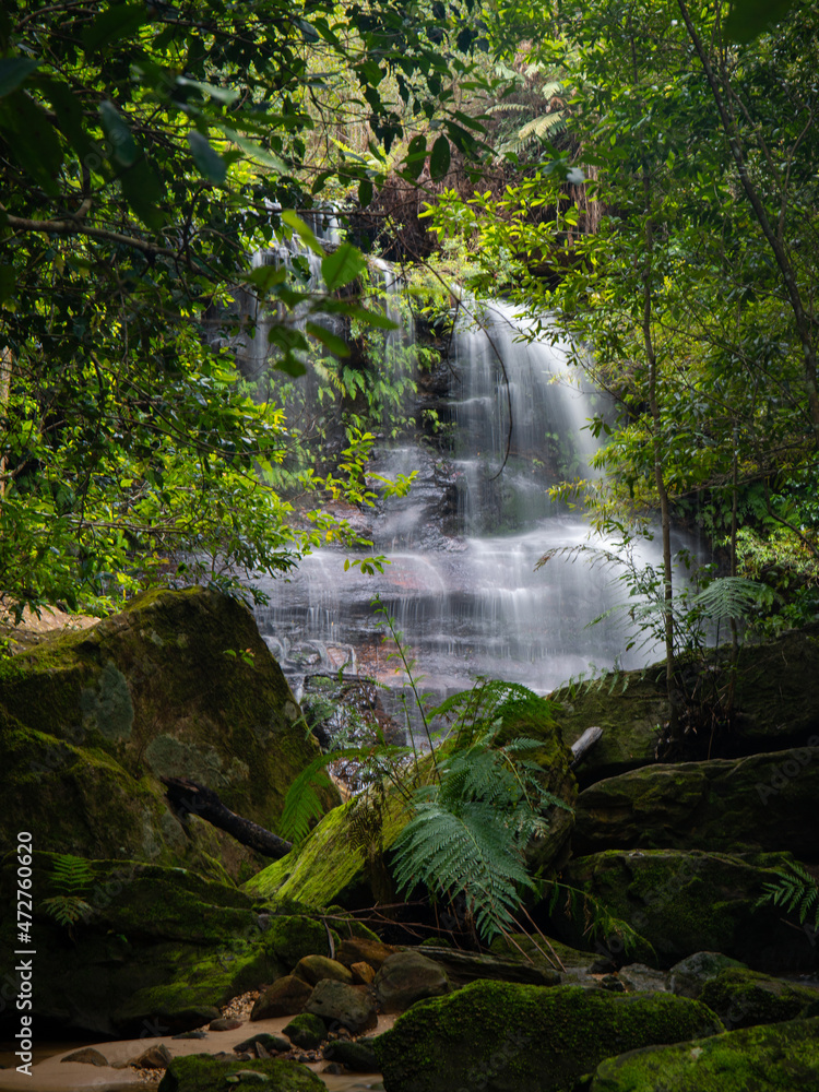 Fototapeta premium Big waterfall behind the rock and trees.