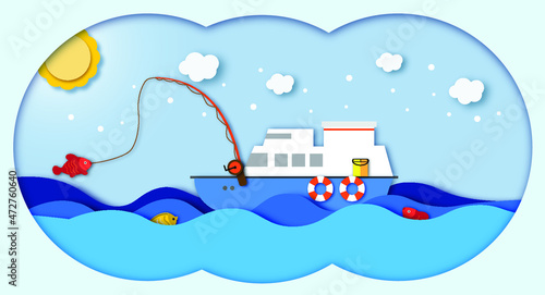 fishing , ship and blue sea papercut style