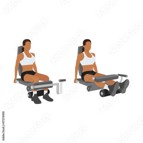 Woman doing Seated leg curls exercise. Flat vector illustration isolated on white background