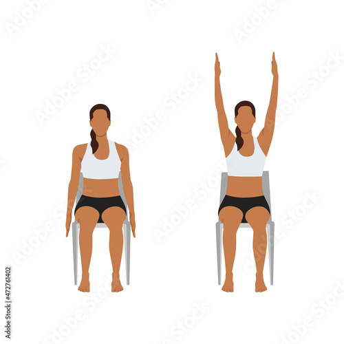 Woman doing Chair raised hands pose. urdhva hastasana exercise. Flat vector illustration isolated on white background 