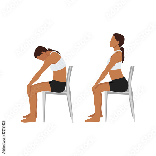 Woman doing Yoga. chair cat cow stretch exercise. Flat vector illustration isolated on white background 