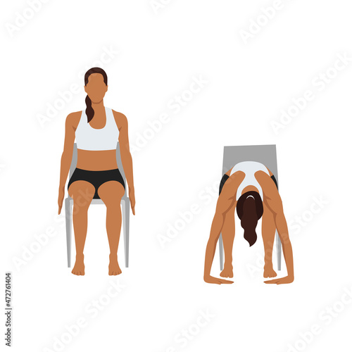 Woman doing Chair forward bend. Uttanasana exercise. Flat vector illustration isolated on white background 