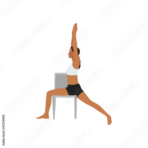 Woman doing Chair warrior I. Virabhadrasana exercise. Flat vector illustration isolated on white background 