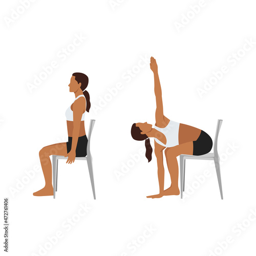 Woman doing Chair extended side angle. utthita parsvakonasana exercise. Flat vector illustration isolated on white background 