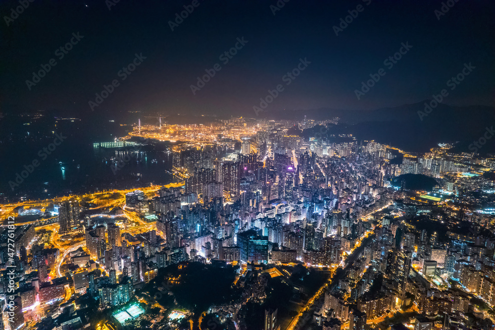 cyberpunk mood of the aerial night cityscape, Kowloon, Hong Kong