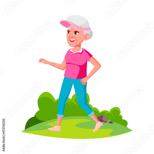 Running old woman quickly. Run lady. Gym female. Fitness people. vector character flat cartoon Illustration