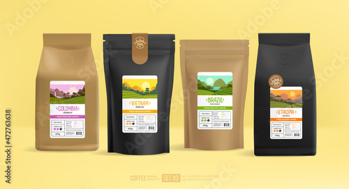 Coffee Soul label design on food zip package mock-up with branding identity design pouch set template. Stand-up foil pouch design with paper packaging. Coffee logo with world collection brand identity