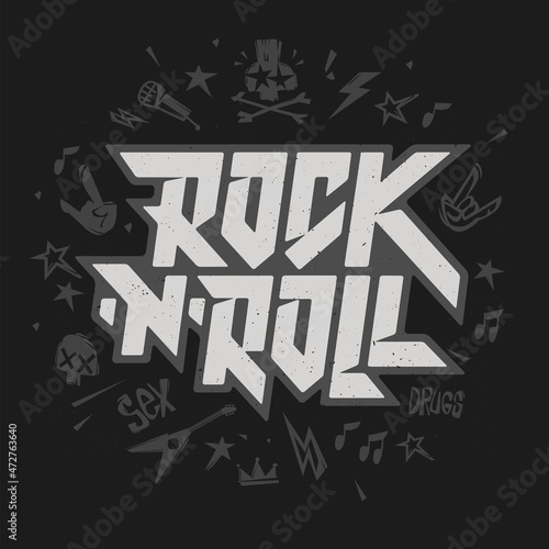 Rock'n'Roll music modern lettering logo with hand drawn grunge punk rock elements - vector template. Doodle style Rock elements set. Rock culture Creative typography lettering  for print tee apparel 