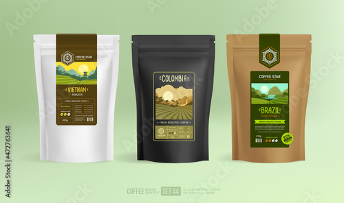 Coffee Star label design on food zip package mock-up with branding identity design pouch set template. Stand-up foil pouch design with paper packaging. Coffee logo with world collection brand identity