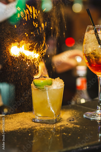 Amazing burning cocktail. Shining cocktail.