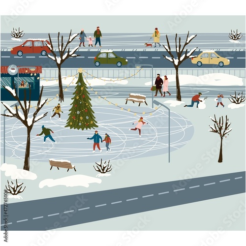 People on winter ice rink in snowy park vector
