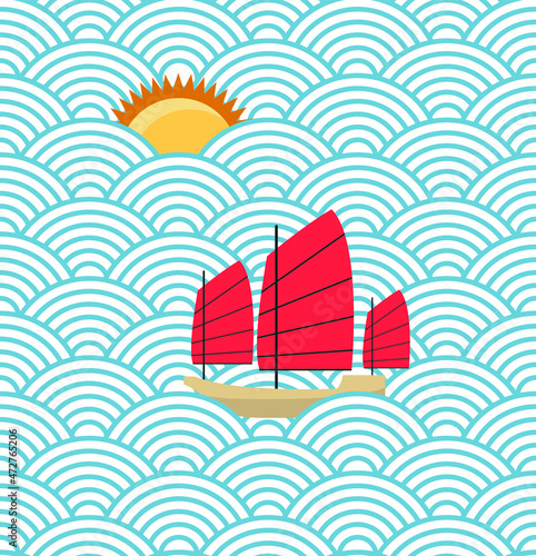 Sea waves. Ship on sea waves. Japanese junk.