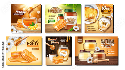 Honey bee food product ad set. Honeycomb poster. Glass jar with bee honey. Nature label. Organic banner template. Wildflower healthy dessert advertising. Yellow liquid, pollen 3d realistic vector