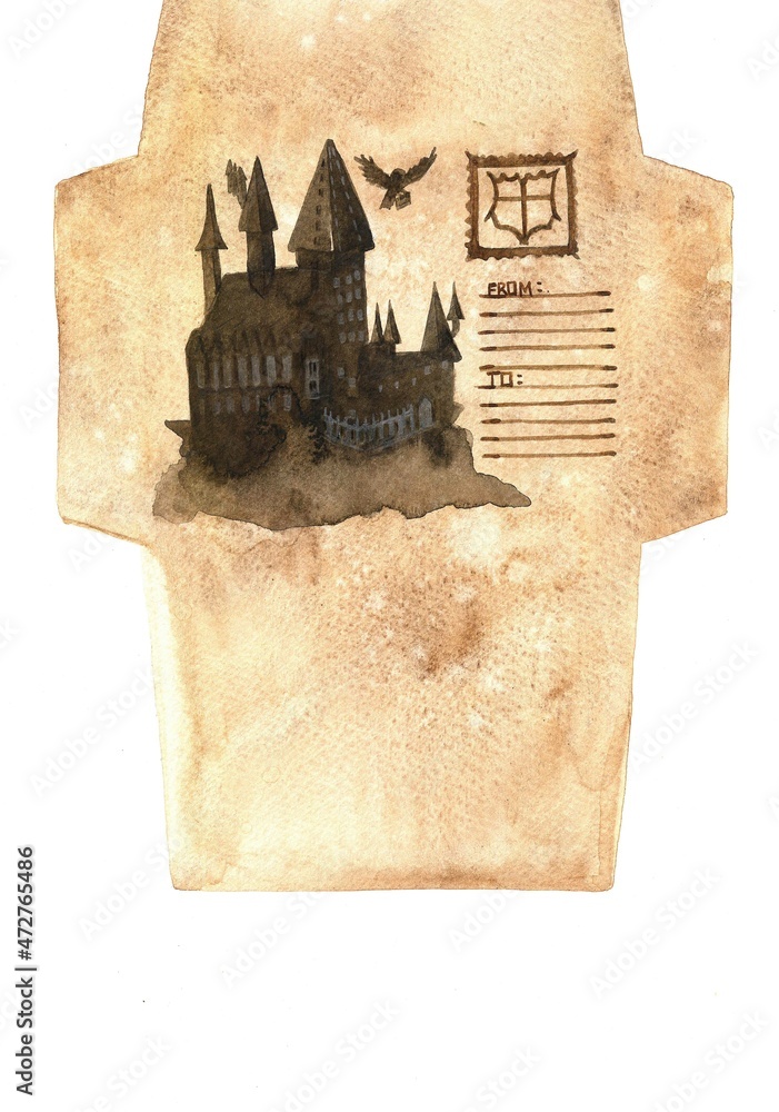 Fototapeta premium watercolor envelope template with castle silhouette on mountain and a flying owl with letter in its paws.Cut out and bend envelope. Hand drawn letter from the magic palace