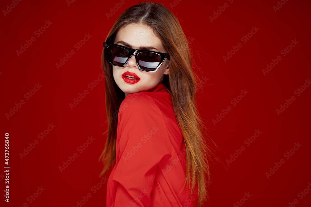 beautiful woman wearing sunglasses red shirt makeup isolated background beautiful woman wearing sunglasses red shirt makeup isolated background