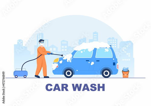Car Wash Service Flat Design illustration. Workers Washing Automobile Using Sponges Soap and Water for Background, Poster or Banner