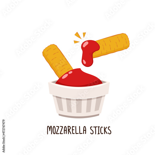 Mozzarella sticks vector. Mozzarella sticks on white background. Cheese stretch. Ketchup in white dip bowls. Tomato sauce.