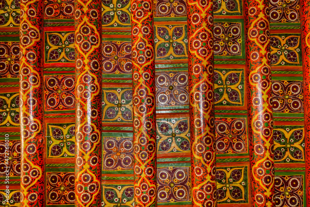 Details of ceiling paintings in the former Khan's palace in Tash Hauli, 19th century. Shot in Khiva, Uzbekistan