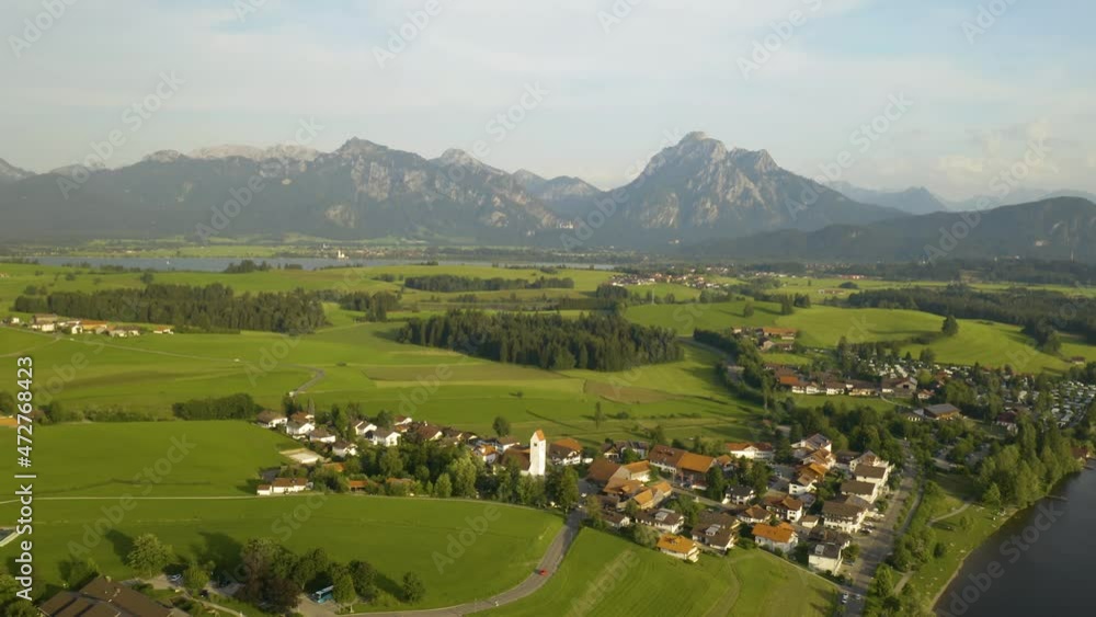 Aerial View of Mountain Landscape in Bavarian Town. Pedestal Down Aerial View of Mountain Landscape in Bavarian Town. Pedestal Down