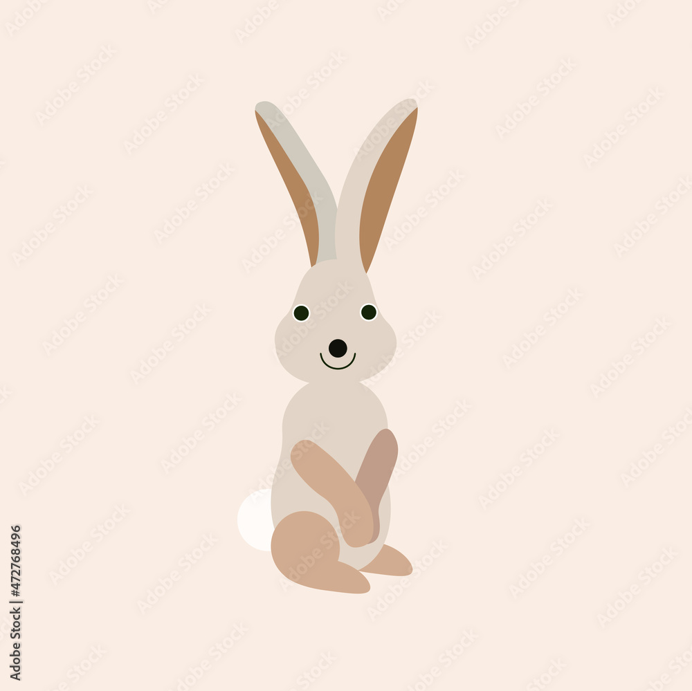 Fototapeta premium Vector isolated illustration with cute rabbit, hare, bunny in flat simple style on beige background. Children's color picture, hand-drawn print. Cartoon kind, funny, smiling animals. Delicate, gentle