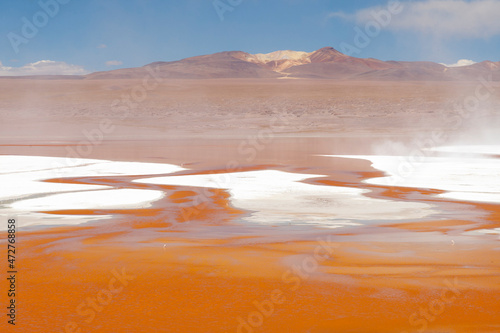 Bolivia, Atacama Desert, Laguna Colorada, Red Lake. The red lake is shallow and tinted red by algae and volcanic sediment.