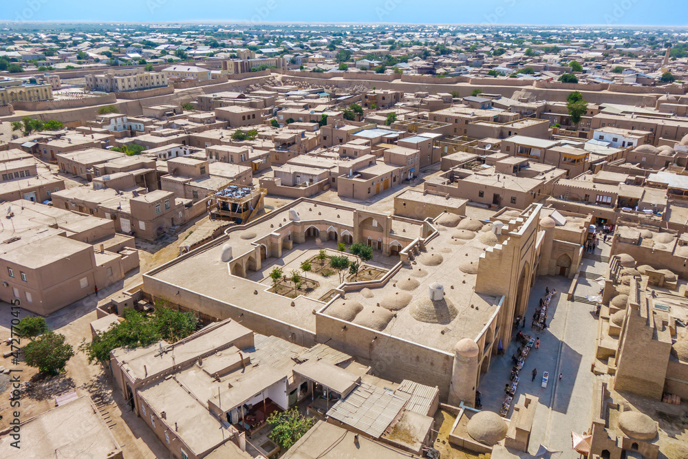 Panorama of Ichan-Kala, historical center of Khiva city, Uzbekistan. Appearance of the buildings has remained practically unchanged for several centuries. Shirgazi Khan madrasah is on foreground